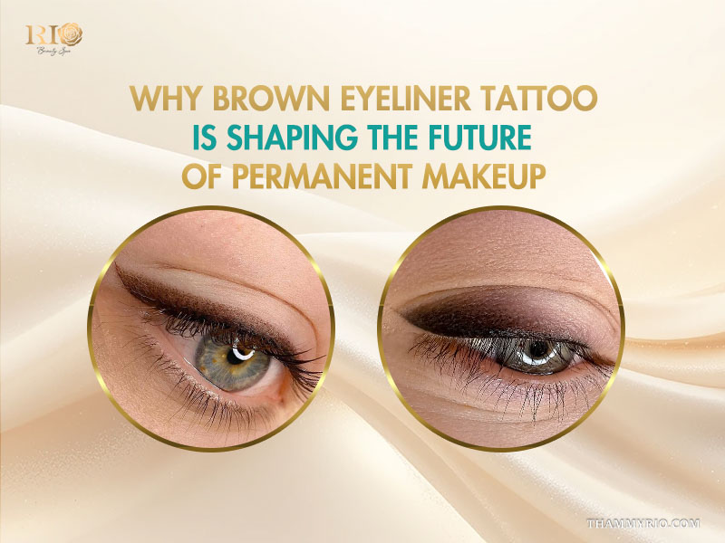 Two close-up images of female eyes showing a soft, shaded brown eyeliner tattoo. The eyes are looking slightly upward, showcasing the lash line enhancement and subtle winged effect on a creamy, satin fabric background.