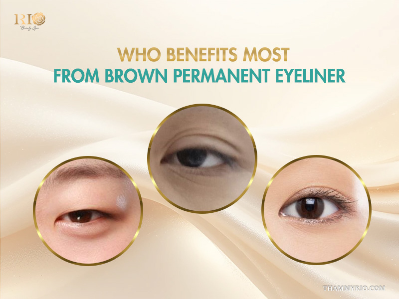 Close-up of three different eyes with brown eyeliner: puffy eyes, droopy eyelids, and natural-looking brown permanent eyeliner after tattooing. Image compares the effects of brown permanent eyeliner tattooing for different eye conditions.