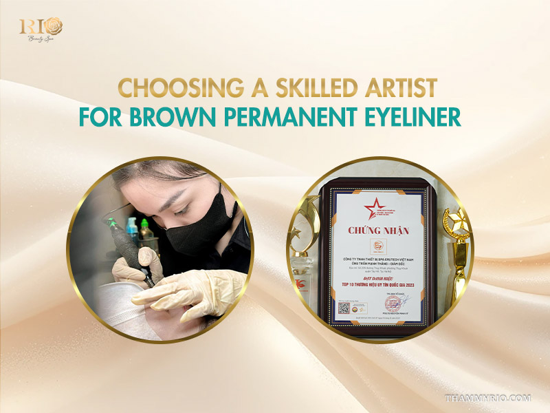 A skilled beauty technician performing a brown eyeliner tattoo and a certificate of merit for top 10 reputable brands. The image shows the professionalism and trustworthiness of the brown permanent eyeliner tattooing service.