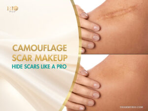 Before and after comparison of camouflage scar makeup applied to a surgical scar on the arm.