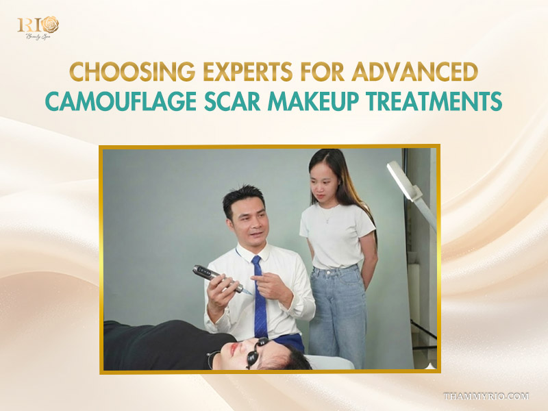 Professional expert at Rio Beauty Spa explaining advanced camouflage scar makeup treatments to a student or client.