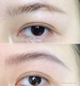 Correction microblading before and after showing eyebrow hair-stroke restoration for a natural look.