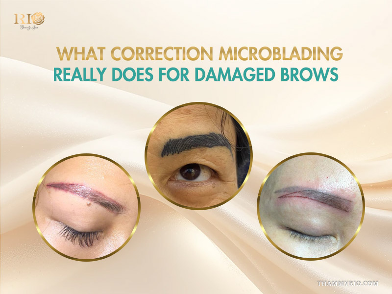 Close-up shots showing the results of correction microblading for damaged and discolored eyebrows.
