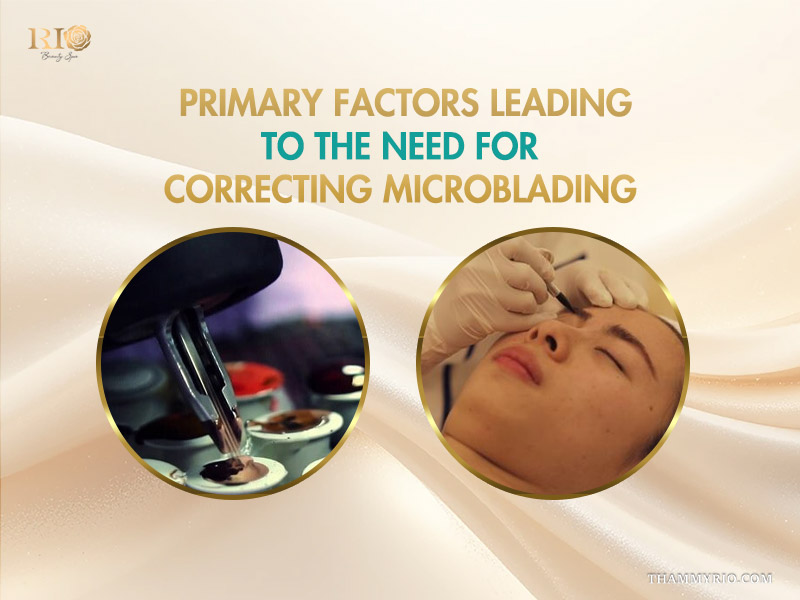 Professional tools and technique for correction microblading on a client's eyebrows.