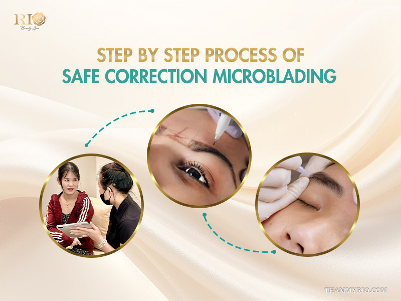 Step-by-step process of safe correction microblading for eyebrows at Rio Beauty Spa.