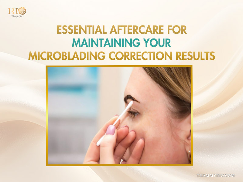 Professional aftercare process for correction microblading using a cotton swab on eyebrows.