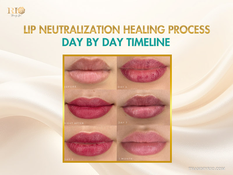 Step-by-step dark lip neutralization healing process timeline from before to one month.