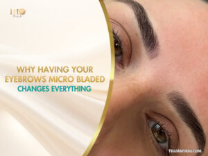 Close-up of beautifully brows after being eyebrows micro bladed at rio beauty spa, showcasing natural strokes.
