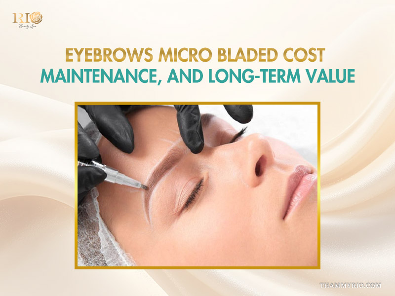 A detailed infographic showing the post-procedural appearance of eyebrows micro bladed on a client, with a distinct healing timeline and aftercare instructions.