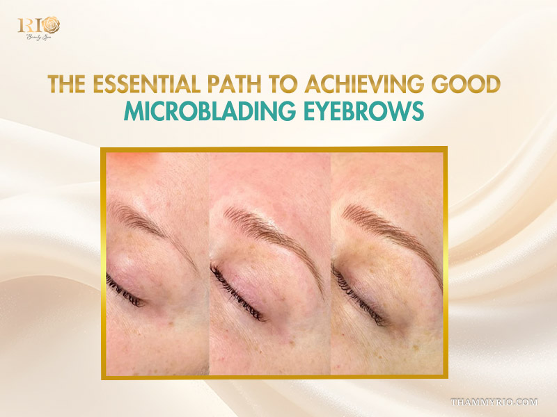 A collage of eyebrows micro bladed in 3 steps from sparse to full and natural, a process for microbladed eyebrows at a beauty spa.