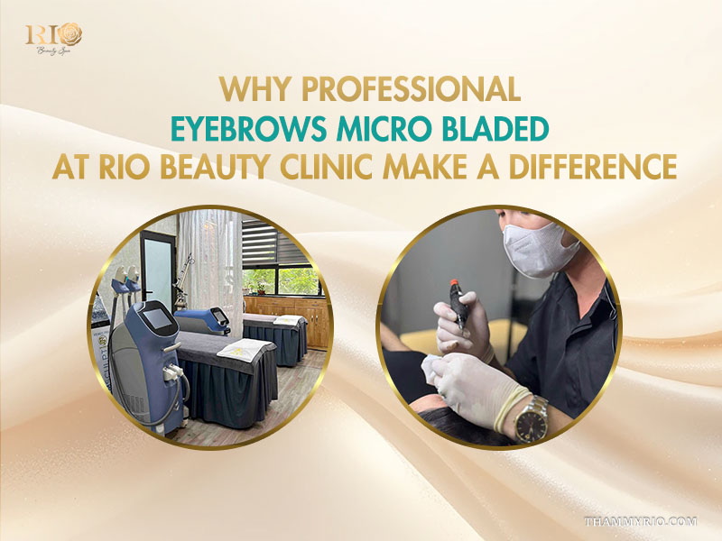 Infographic detailing eyebrows microbladed cost maintenance and value by RIO Beauty Spa in Hanoi with a microblading procedure in-progress.