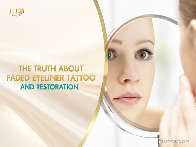 Photo of a woman looking into a mirror, clearly showing faded and uneven permanent eyeliner tattoo on her eyes. This image illustrates the topic of faded eyeliner tattoo and the need for restoration.