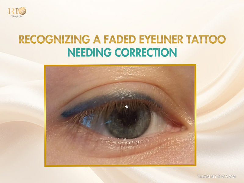 Close-up view of a person's eye with a faded eyeliner tattoo on the upper eyelid, presented as a case study for correction by Rio Beauty Spa.