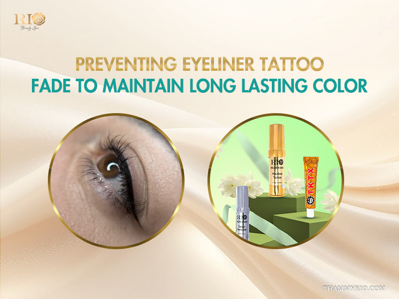 Woman's eye with sharp black eyeliner tattoo next to aftercare products to prevent faded eyeliner tattoo.
