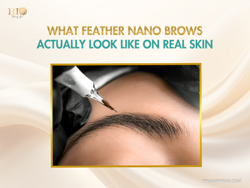 Close-up of feather nano brows procedure showing realistic hair strokes on real skin.