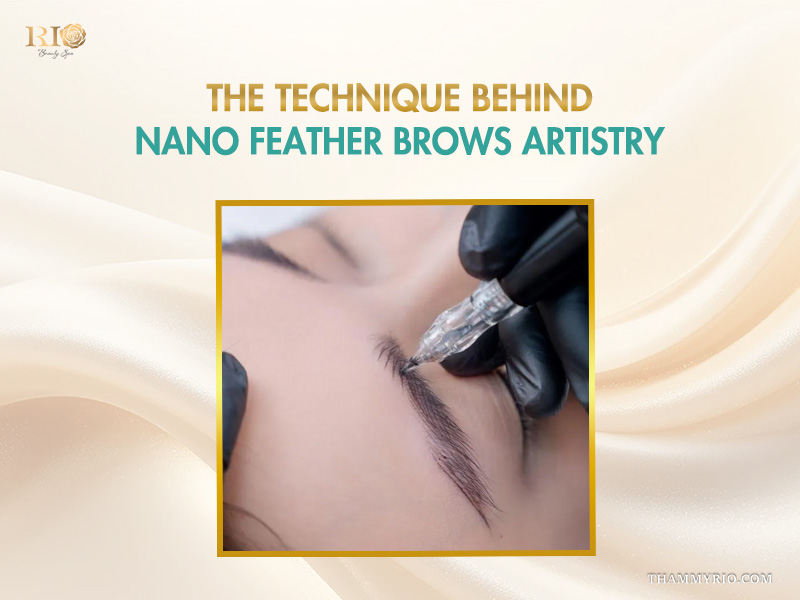 Comparison of natural eyebrows before and after feather nano brows treatment for a realistic hair-stroke look.