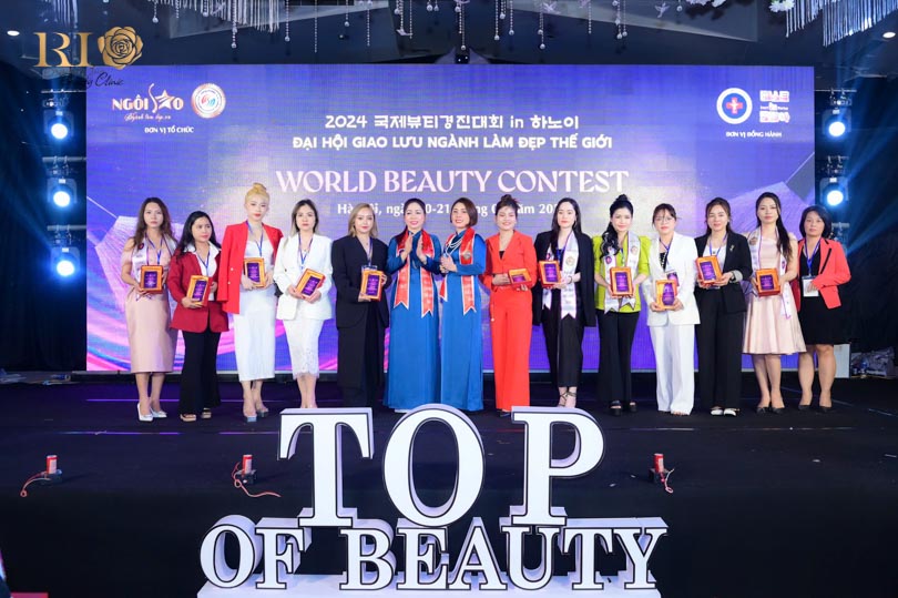 A wall of trophies and awards showcasing Rio Beauty Clinic's success in feathering tattoo.