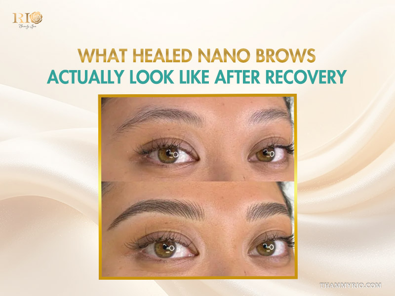 Close-up of healed nano brows showing natural hair strokes before and after recovery.