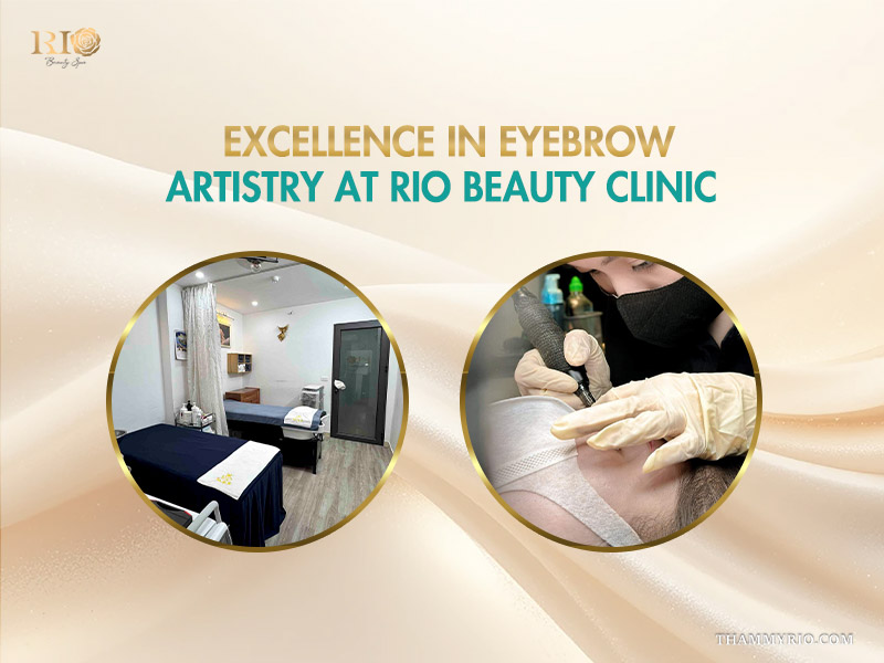 Professional eyebrow technician performing a nano brows procedure at Rio Beauty Clinic with a view of the modern treatment room.