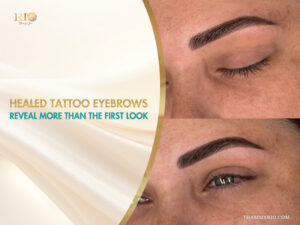 Close-up of healed tattoo eyebrows with hair-stroke technique and soft shading.