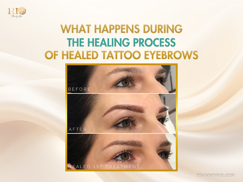 Before and after comparison of healed tattoo eyebrows through the healing process.