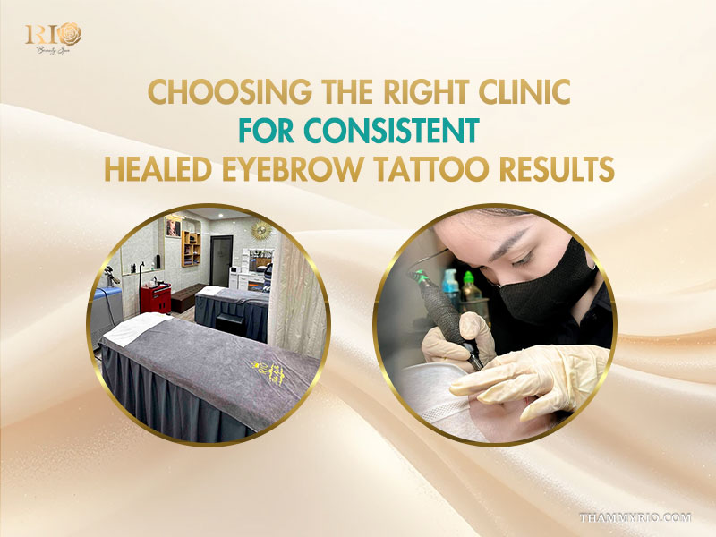 Modern clinic room and a professional technician performing permanent makeup for consistent healed tattoo eyebrows results.
