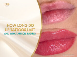 A before and after comparison of a lip blush tattoo highlighting how long do lip tattoos last and factors affecting fading.
