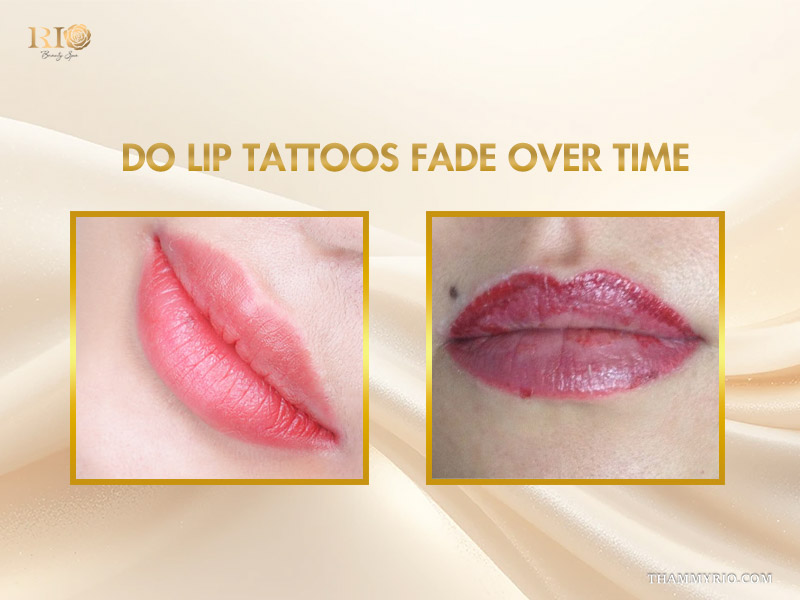 Comparison of fresh vs faded lip tattoo to show how long do lip tattoos last.