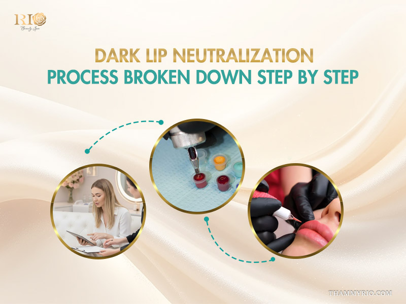 Step-by-step dark lip neutralization process infographic showing consultation, pigment preparation, and the procedure from rio beauty spa.