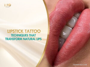Close-up of pink lipstick tattoo results on natural lips at Rio Beauty Spa.