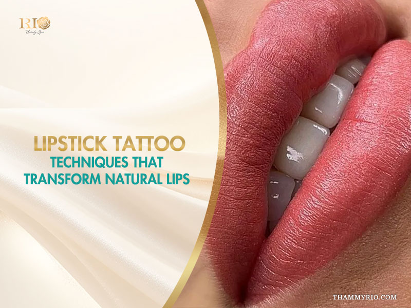 Close-up of pink lipstick tattoo results on natural lips at Rio Beauty Spa.