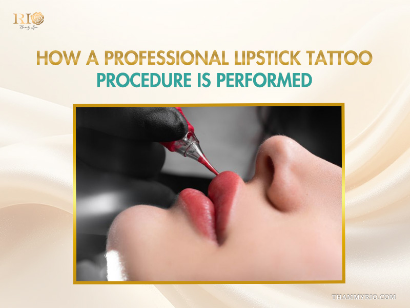 Close-up of a professional lipstick tattoo procedure being performed on a client's lips.