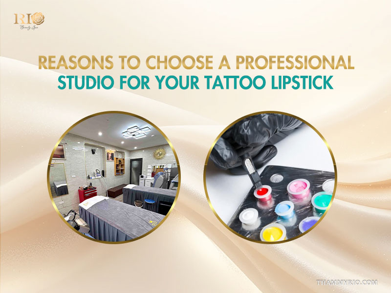 Professional lipstick tattoo studio interior and sterile pigment ink preparation.