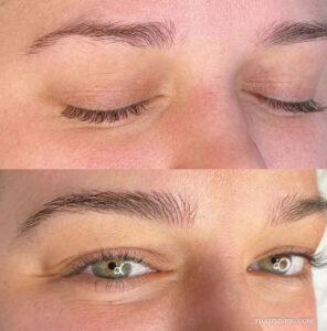 Close-up of microblading blonde brows enhancement showing natural ash blonde pigment.