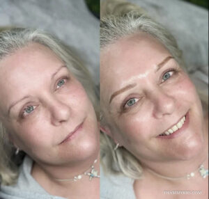 An before and after photo showcasing a microblading blonde brows procedure on a mature woman with gray-blonde hair.