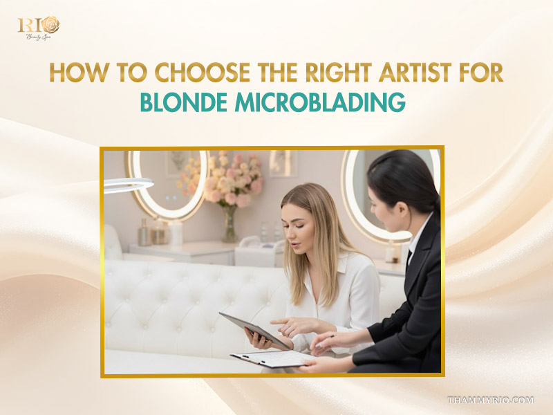 A professional consultation at Rio Beauty Spa for microblading blonde brows with text overlay how to choose the right artist.