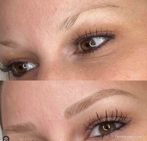 Before and after microblading blonde brows treatment showing natural hair strokes.