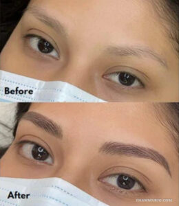 Microblading brows before and after transformation on sparse eyebrows for a defined look.