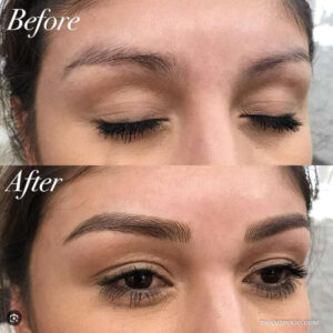 Microblading brows before and after showing a perfect arch and symmetrical eyebrow shape