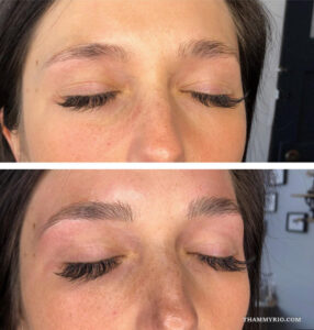 Microblading brows before and after showing refined eyebrow shape and density.