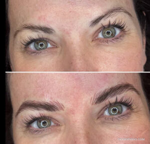 Microblading brows before and after comparison of shaped and defined eyebrows on a woman with green eyes.
