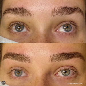 Microblading brows before and after comparison of shaped eyebrows on a woman with blue eyes.