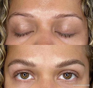 Microblading brows before and after showing natural hair strokes on a woman with brown eyes.