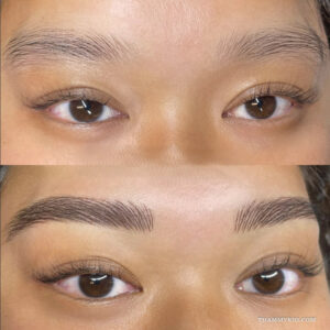 Microblading brows before and after showing high density strokes on an Asian woman.