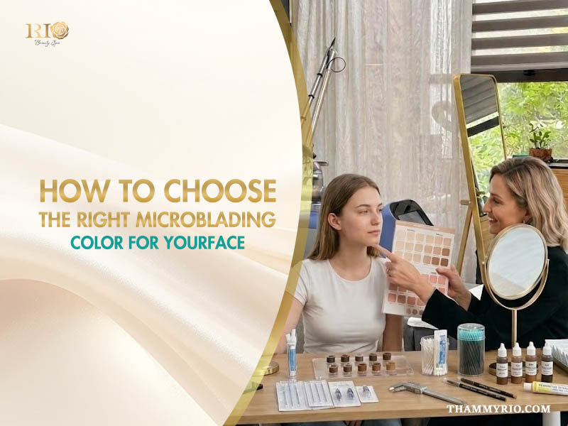 Specialist consulting a client on the perfect microblading color by comparing shades with their skin tone