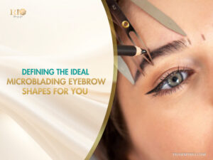 Professional mapping of microblading eyebrows shapes using a golden ratio divider and pencil.