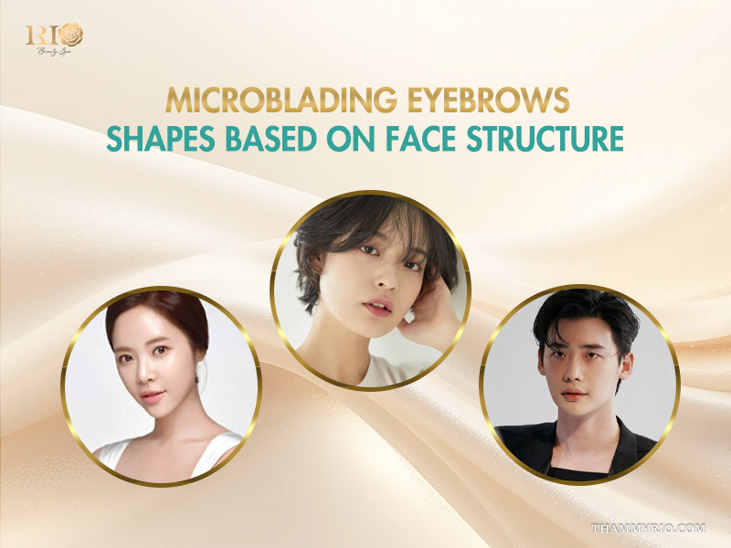 Diverse microblading eyebrows shapes for different face structures featuring three Asian models.
