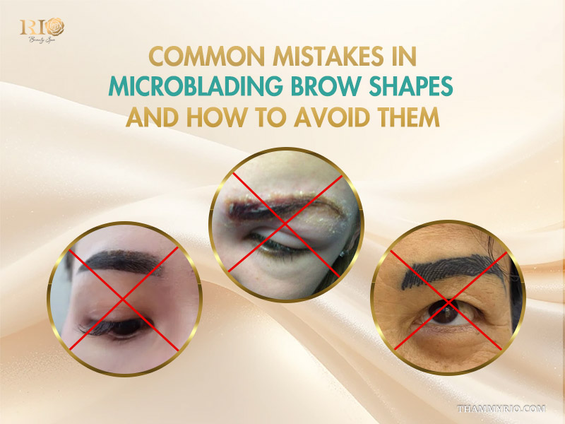 Common mistakes in microblading eyebrows shapes showing botched results and skin irritation.
