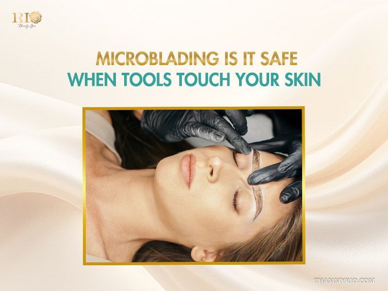 Technician performing microblading on woman's eyebrows with black gloves to ensure microblading is it safe standards.