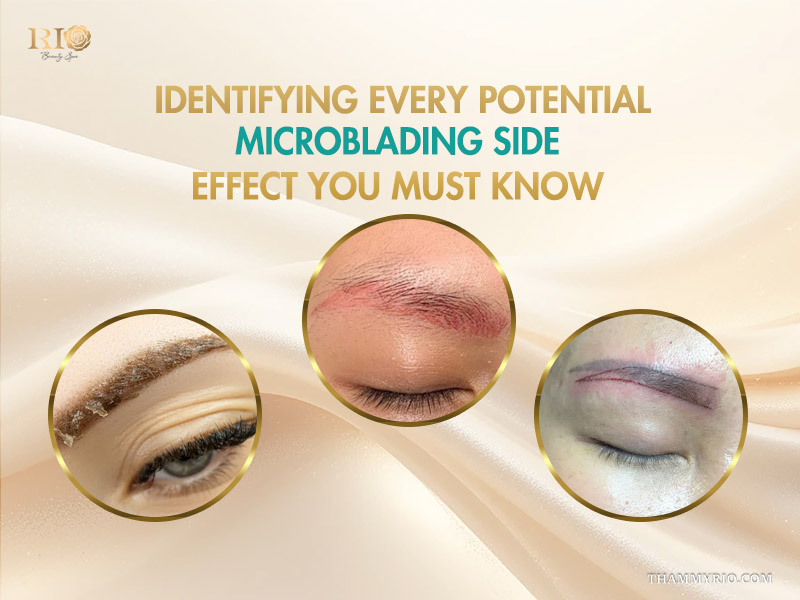 Three close up examples of eyebrow redness and scabbing to answer microblading is it safe concerns regarding side effects.